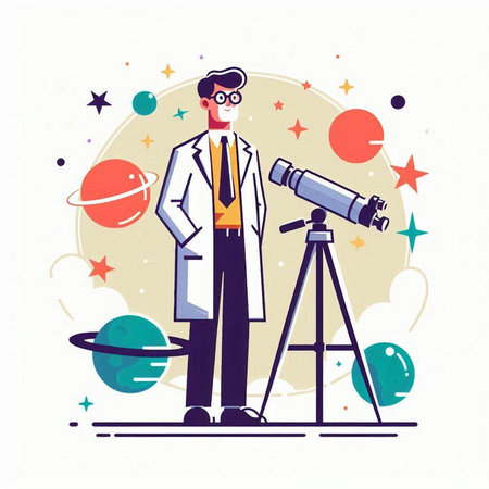 Scientist with telescope and planets. Vector illustration in flat cartoon styleのイラスト素材