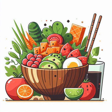 Bowl of fresh fruits and vegetables. Vector illustration in cartoon style.のイラスト素材