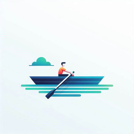 Man rowing on a boat. Vector illustration in flat style.のイラスト素材