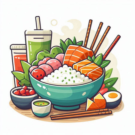 Illustration of a bowl of rice with salmon, tomato, cucumber, soy sauce and chopsticksのイラスト素材