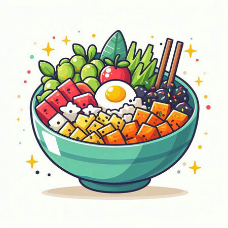Vector illustration of bowl with rice, egg, vegetables and herbs.のイラスト素材