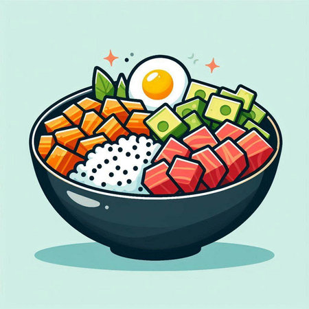 Salmon poke bowl with salmon, avocado and egg. Vector illustration.のイラスト素材
