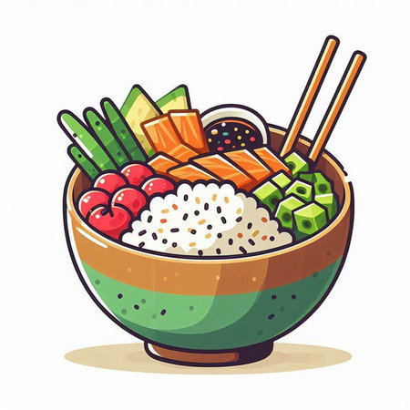 Bowl of rice with salmon and vegetables. Vector illustration in cartoon style.のイラスト素材
