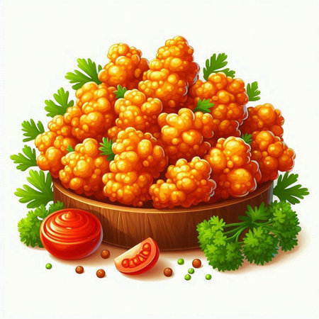 Raspberries in wooden bowl with parsley and tomato. Vector illustration.のイラスト素材