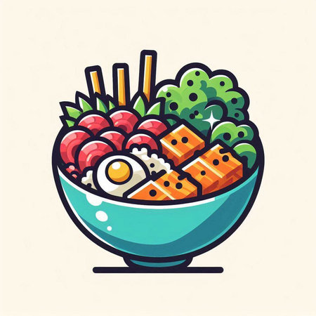 Bowl of japanese food. Vector illustration. Colorful flat style.のイラスト素材