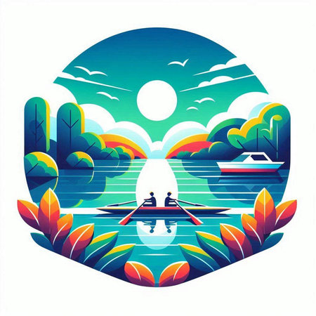 Fisherman in boat on the lake at sunset. Vector illustration.のイラスト素材