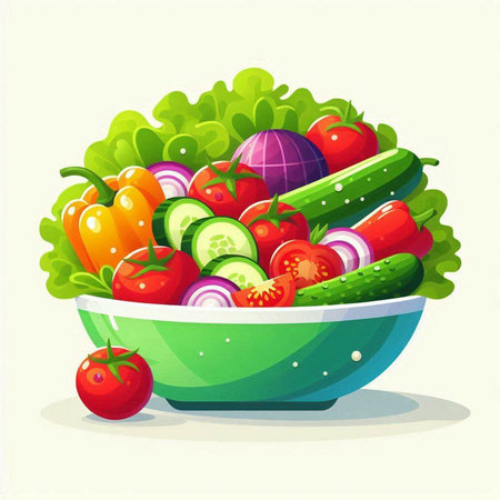 Illustration of a bowl full of fresh vegetables. Vector illustration.のイラスト素材