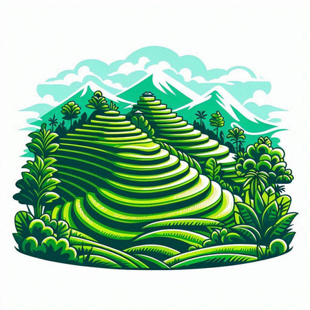 Illustration of a green hill with trees and mountains in the backgroundのイラスト素材