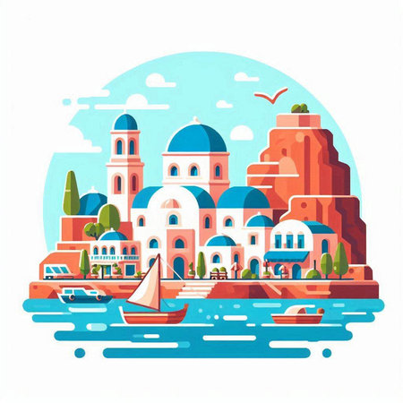 Boat on the sea. Cityscape. Vector illustration in flat styleのイラスト素材