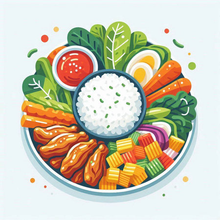 Vector illustration of a bowl of japanese food with rice.のイラスト素材