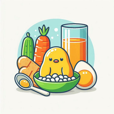 Illustration of Cute Cartoon Chicken, Milk and Vegetables.のイラスト素材