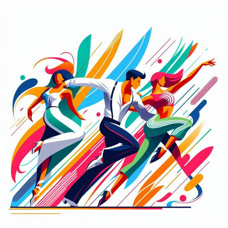 Young people dancing on abstract colorful background. Vector illustration for your designのイラスト素材