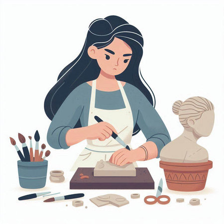 Woman sculptor works in her studio. Hand drawn vector illustration.のイラスト素材