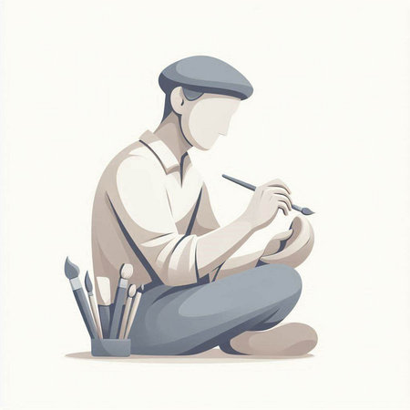 Vector illustration of a painter sitting on the ground and drawing a pictureのイラスト素材