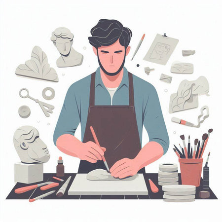 Craftsman making a picture. Vector illustration on white background.のイラスト素材