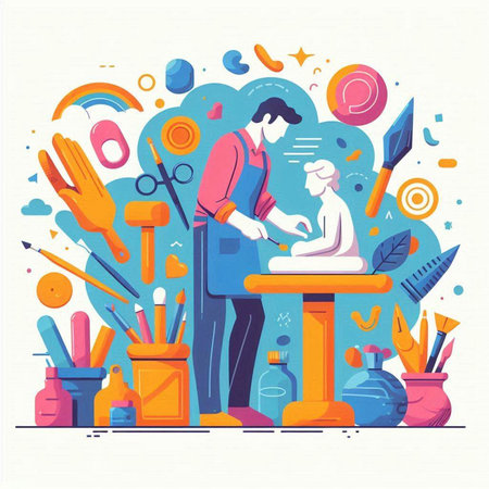 Craftsman in his workshop. Art and craft concept. Vector illustration.のイラスト素材