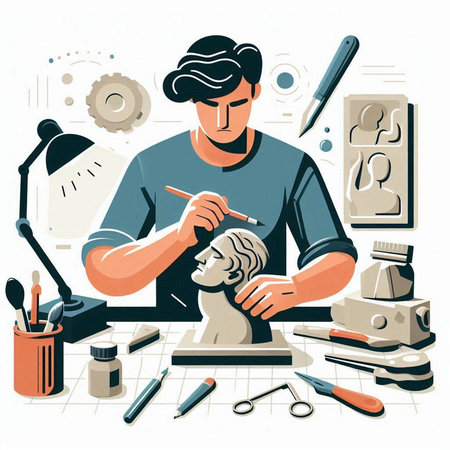 Man working in his workshop, making a sculpture. Vector illustration.のイラスト素材