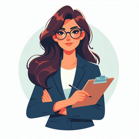 Business woman with clipboard and pen. Vector illustration in cartoon style.のイラスト素材