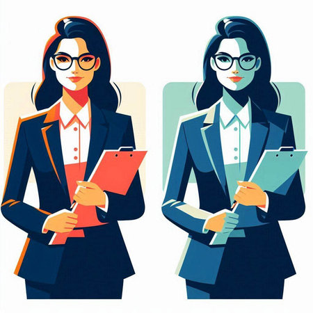 Two business women in suits and glasses with folders. Vector illustration.のイラスト素材