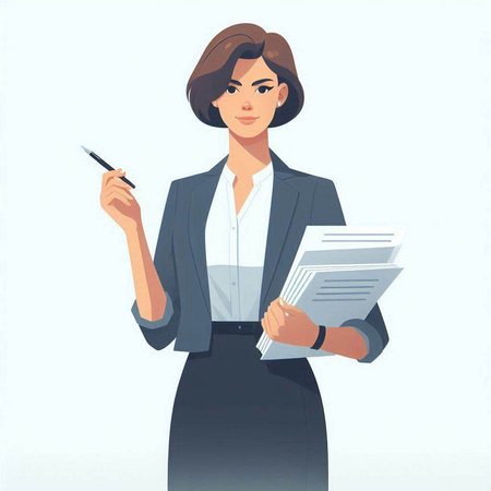 Business woman with documents and pen. Vector illustration in cartoon style.のイラスト素材