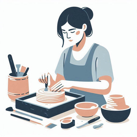 Female potter making ceramic dishes. Vector illustration in cartoon style.のイラスト素材
