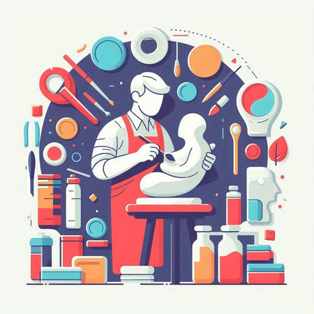 Vector flat illustration of a potter in apron working with clay in his workshop.のイラスト素材
