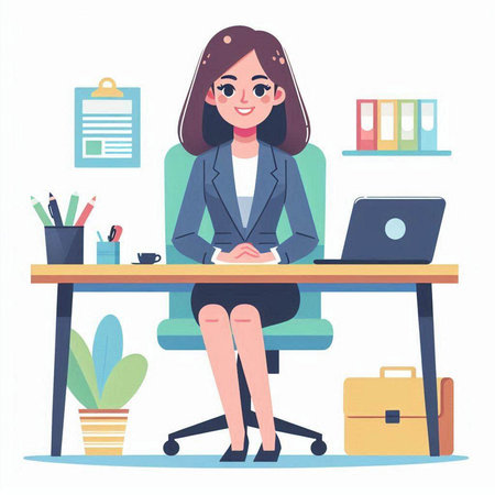 Young businesswoman sitting at her workplace in office. Vector illustration in flat styleのイラスト素材