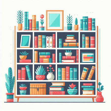 Bookshelf with books and plants. Vector illustration in flat styleのイラスト素材