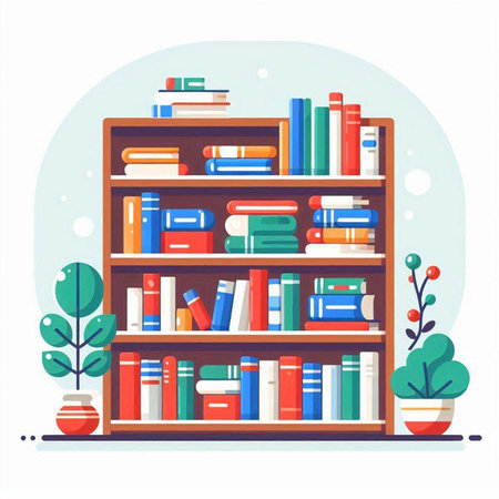 Bookshelf with books and plants. Vector illustration in flat styleのイラスト素材