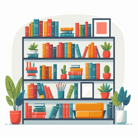 Bookshelves with books and plants. Vector illustration in flat styleのイラスト素材