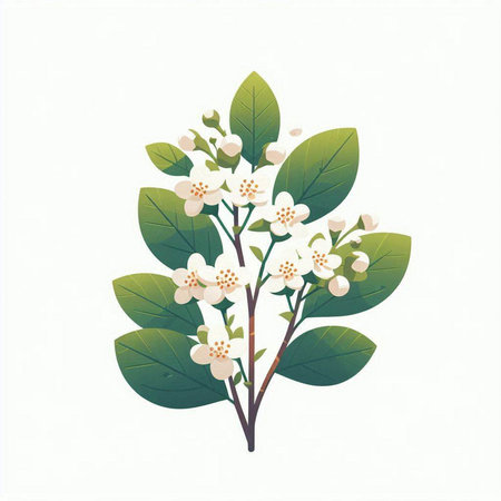 branch of jasmine flowers with leaves isolated on white backgroundのイラスト素材