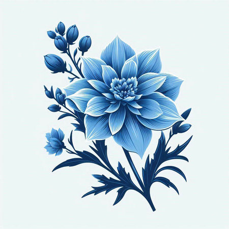 Blue dahlia with blue flowers on a white background. Vector illustration.のイラスト素材