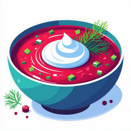 Borscht with sour cream in a bowl. Vector illustration.のイラスト素材