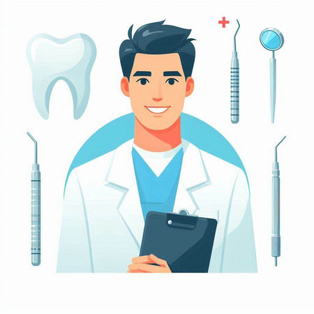 Dentist man with medical tools. Vector illustration in cartoon styleのイラスト素材