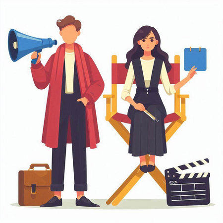 Young man and woman holding megaphone and clapperboard. Male and female characters. Vector illustration in cartoon styleのイラスト素材