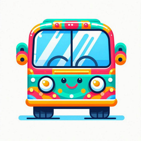 Cute cartoon bus on a white background. Vector illustration in flat style.のイラスト素材