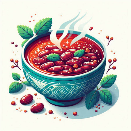 Bowl of red beans soup with herbs and spices. Vector illustration.のイラスト素材