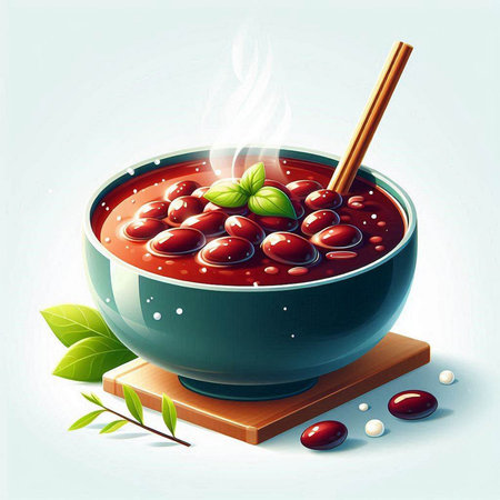 Illustration of a bowl of red bean soup with a wooden spoonのイラスト素材