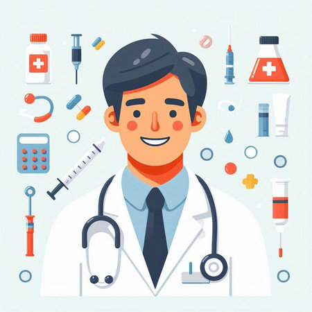 Male doctor character with stethoscope and medical equipment. Vector illustrationのイラスト素材