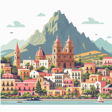 Vector illustration of the cityscape with the Cathedral of Santa Maria Assunta and the island of La Palma, Canary Islands, Spainのイラスト素材