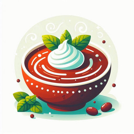 Tomato soup with cream in a clay bowl. Vector illustration.のイラスト素材