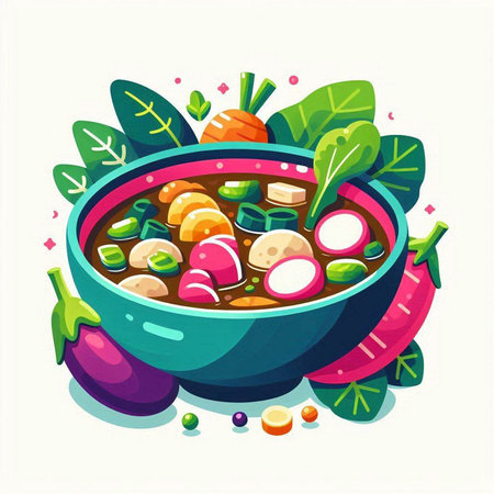 Bowl of soup with vegetables. Vector illustration in cartoon style.のイラスト素材