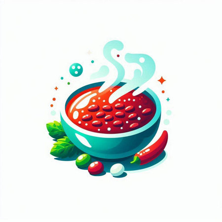 Vector illustration of a red sauce in a bowl with chili pepper and parsley.のイラスト素材