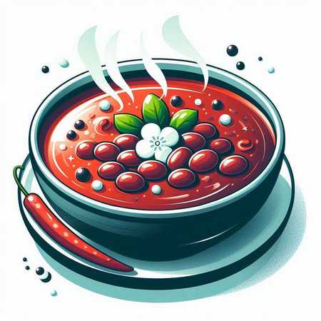 Tomato soup in bowl with red pepper and flower. Vector illustration.のイラスト素材