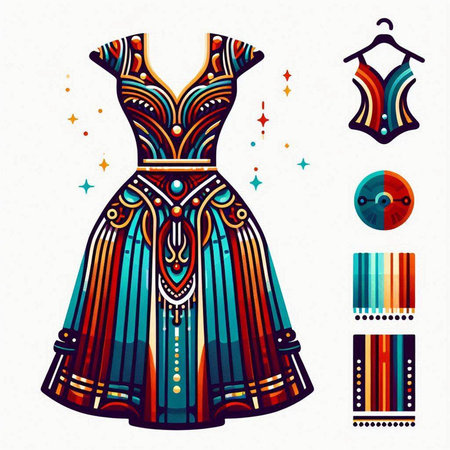 Vector illustration of a beautiful dress with a pattern and geometric elements.のイラスト素材