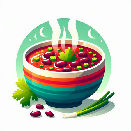 Vector illustration of a bowl of tomato soup with parsley and onionのイラスト素材