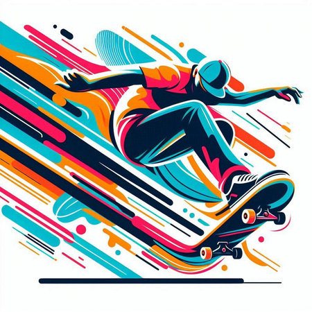 Skateboarder jumping with colorful abstract background, vector illustration.のイラスト素材