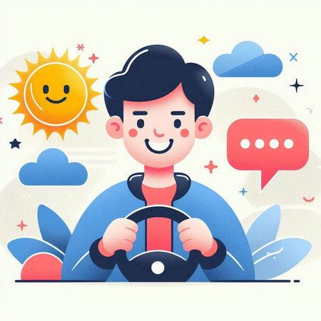 Man driving a car with the steering wheel and smile. Vector illustration.のイラスト素材