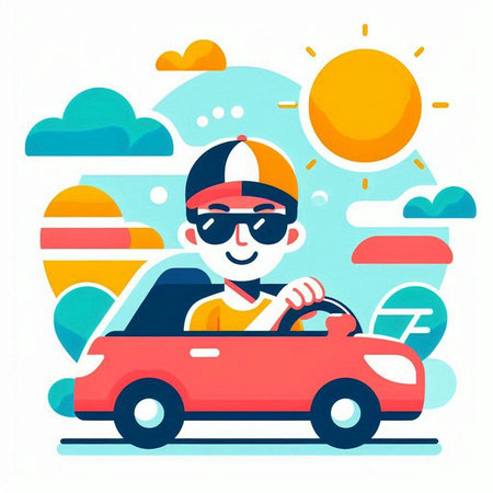 Cute little boy driving a car on a sunny day. Vector illustrationのイラスト素材