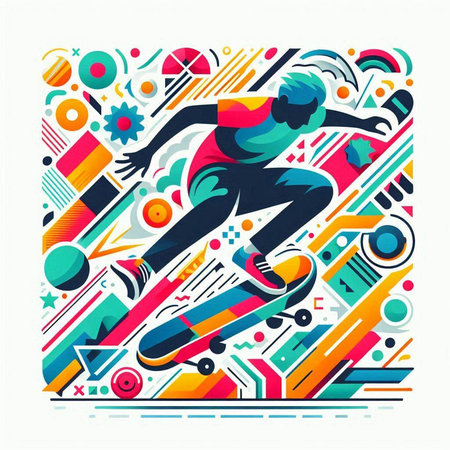Skateboarder in action on colorful background. Vector illustration.のイラスト素材